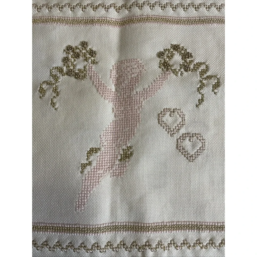 Vintage Lot Of 2 Handmade Cross Stitch Cherubs 11
